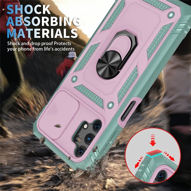 Slide Camera Protector PC + TPU Phone Case Shell with Kickstand and Card Slot for Samsung Galaxy A32 5G/M32 5G - Pink/Green