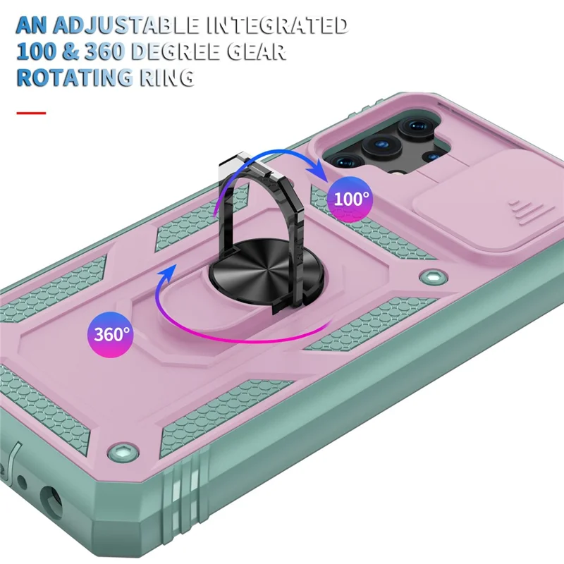 Slide Camera Protector PC + TPU Phone Case Shell with Kickstand and Card Slot for Samsung Galaxy A32 5G/M32 5G - Pink/Green