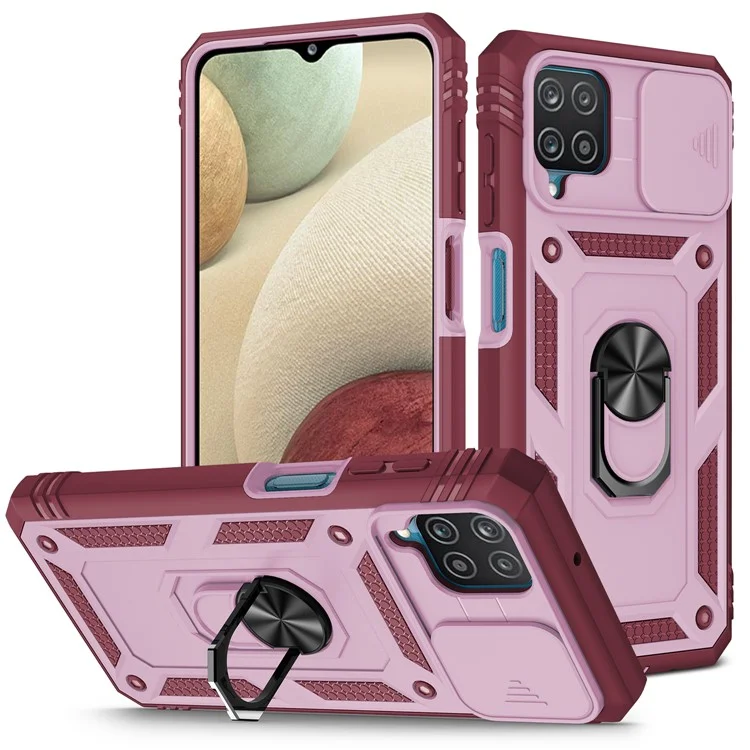 Funda protectora de PC + TPU híbrida con soporte basculante y ranura para tarjetas para Samsung Galaxy A12 - Rosa/Rojo