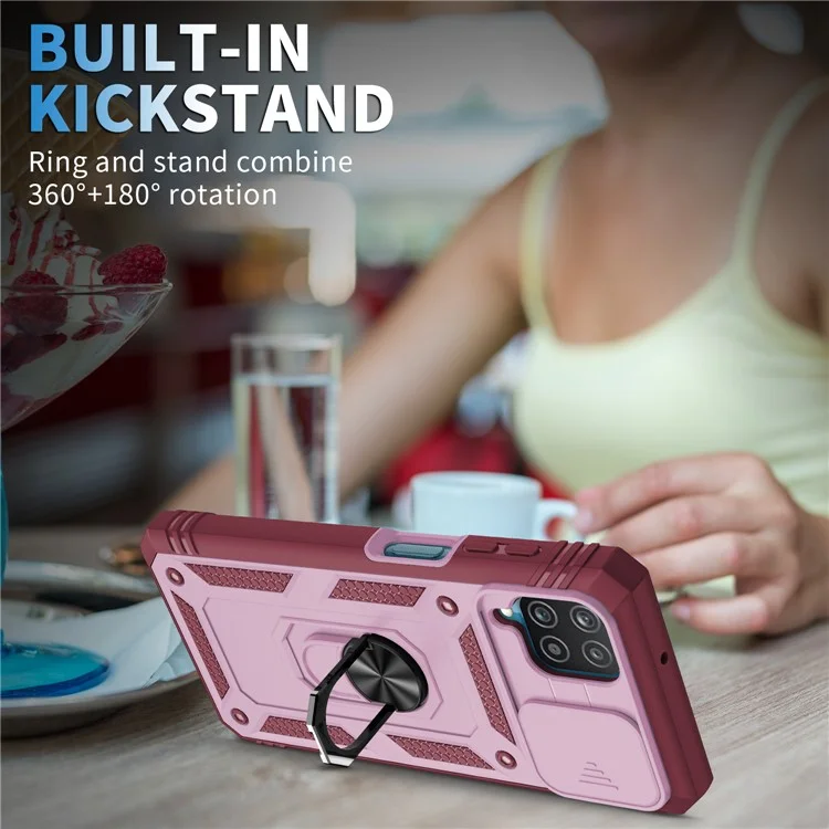 Funda protectora de PC + TPU híbrida con soporte basculante y ranura para tarjetas para Samsung Galaxy A12 - Rosa/Rojo