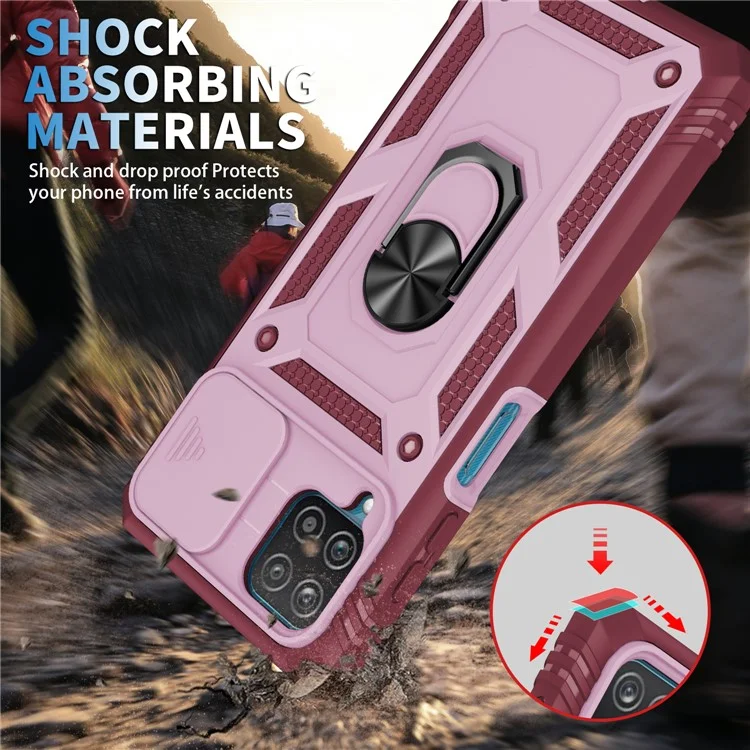 Funda protectora de PC + TPU híbrida con soporte basculante y ranura para tarjetas para Samsung Galaxy A12 - Rosa/Rojo