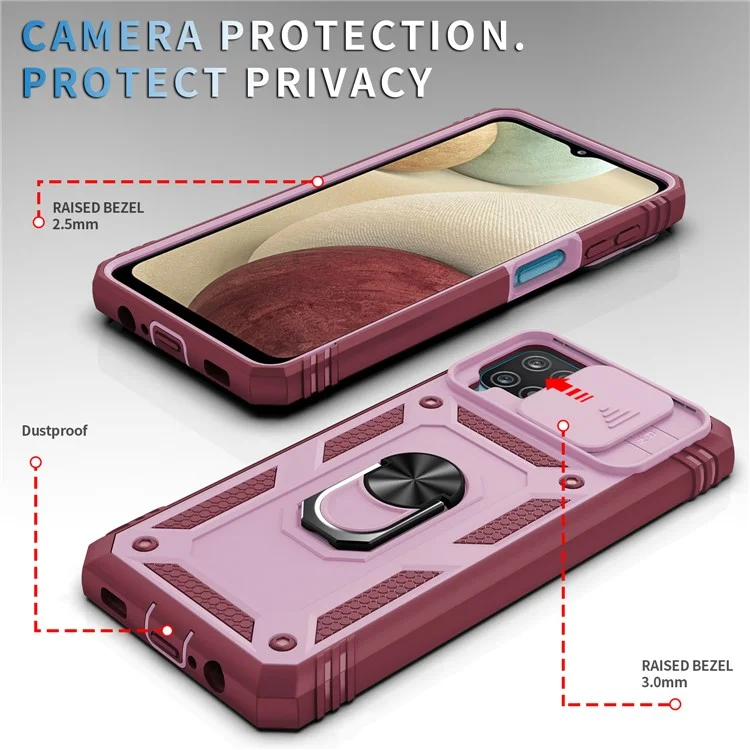 Funda protectora de PC + TPU híbrida con soporte basculante y ranura para tarjetas para Samsung Galaxy A12 - Rosa/Rojo