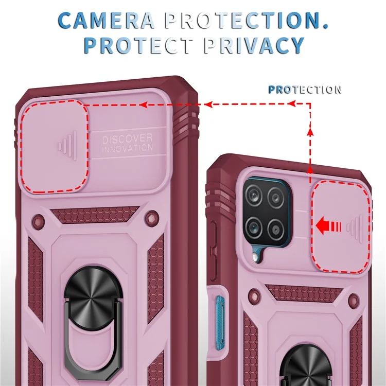 Funda protectora de PC + TPU híbrida con soporte basculante y ranura para tarjetas para Samsung Galaxy A12 - Rosa/Rojo