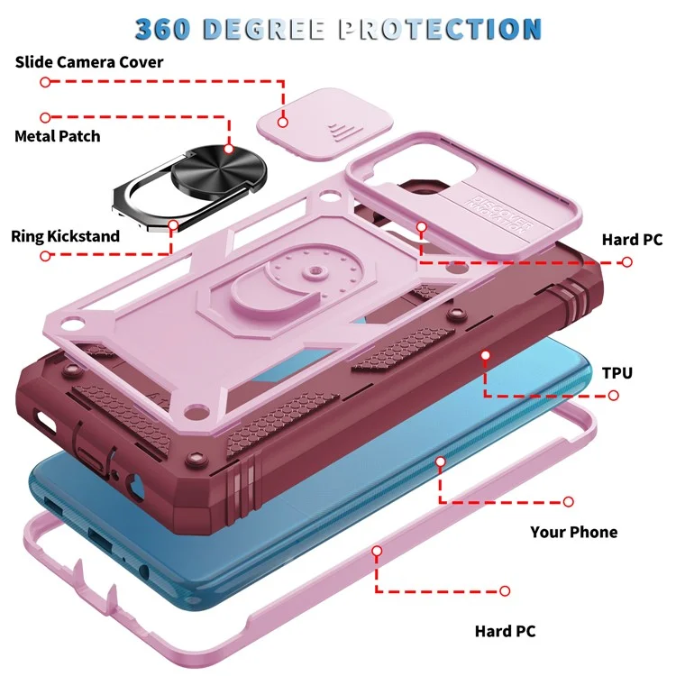 Funda protectora de PC + TPU híbrida con soporte basculante y ranura para tarjetas para Samsung Galaxy A12 - Rosa/Rojo