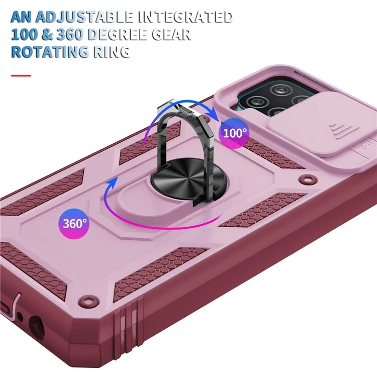 Funda protectora de PC + TPU híbrida con soporte basculante y ranura para tarjetas para Samsung Galaxy A12 - Rosa/Rojo