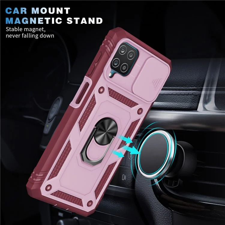 Funda protectora de PC + TPU híbrida con soporte basculante y ranura para tarjetas para Samsung Galaxy A12 - Rosa/Rojo