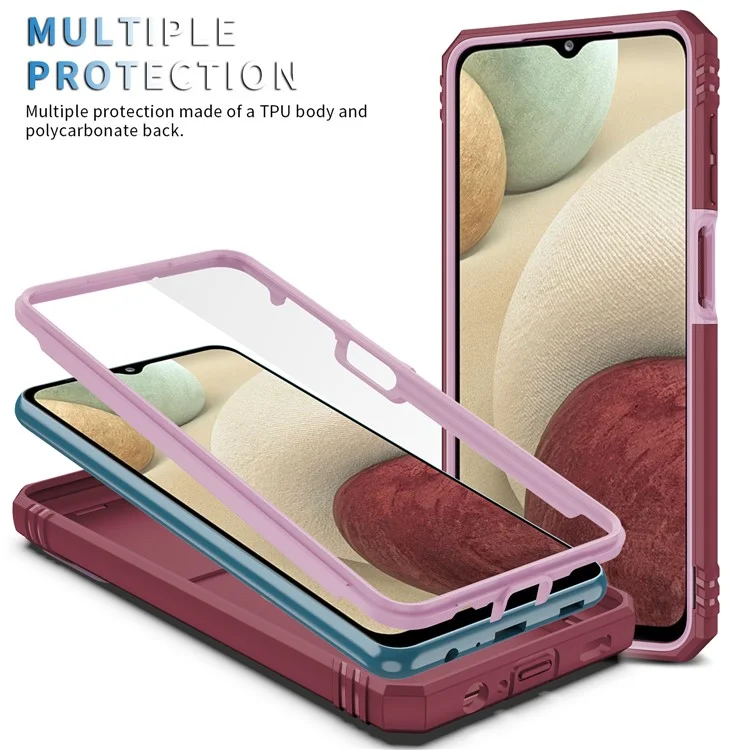 Funda protectora de PC + TPU híbrida con soporte basculante y ranura para tarjetas para Samsung Galaxy A12 - Rosa/Rojo