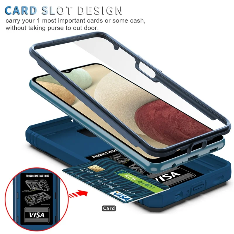 Shockproof PC + TPU Hybrid Kickstand Card Slot Phone Case Shell with Side Camera Cover for Samsung Galaxy A12 - Blue