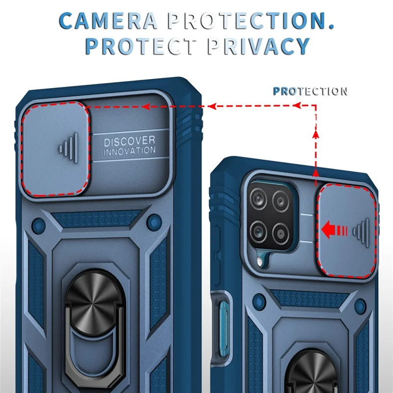 Shockproof PC + TPU Hybrid Kickstand Card Slot Phone Case Shell with Side Camera Cover for Samsung Galaxy A12 - Blue