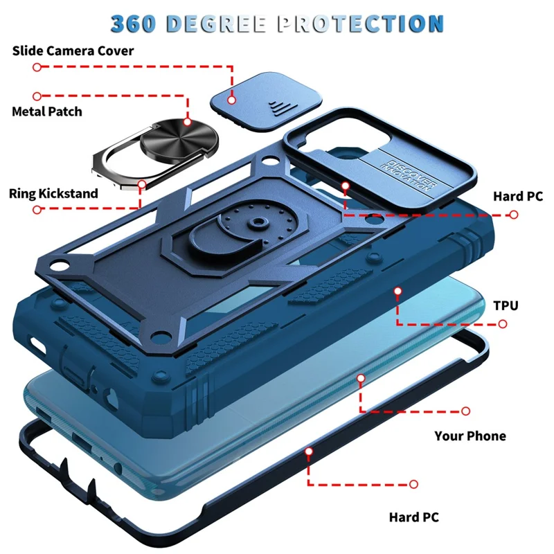 Shockproof PC + TPU Hybrid Kickstand Card Slot Phone Case Shell with Side Camera Cover for Samsung Galaxy A12 - Blue