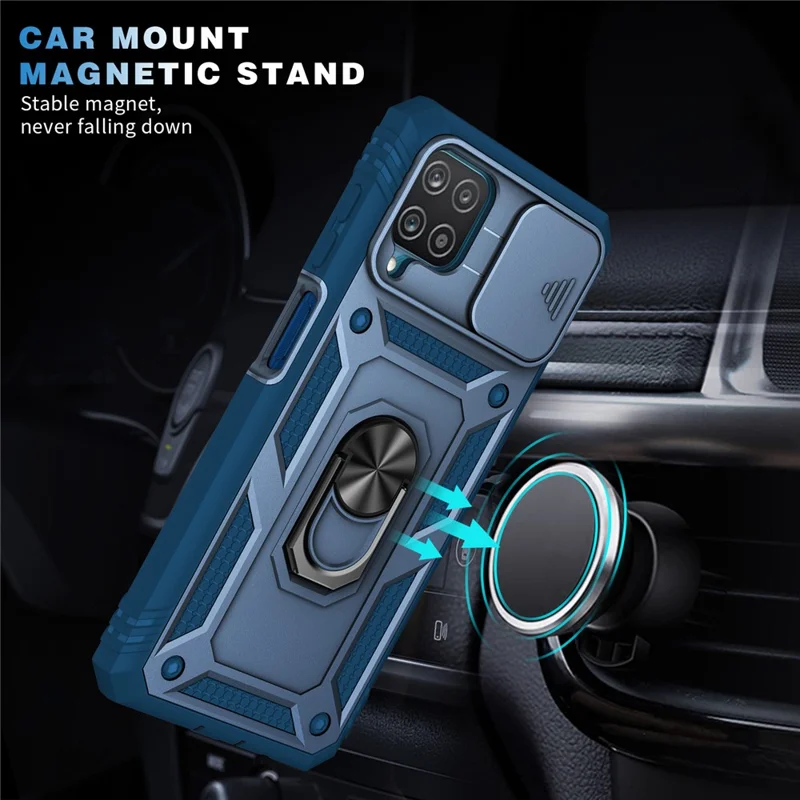 Shockproof PC + TPU Hybrid Kickstand Card Slot Phone Case Shell with Side Camera Cover for Samsung Galaxy A12 - Blue