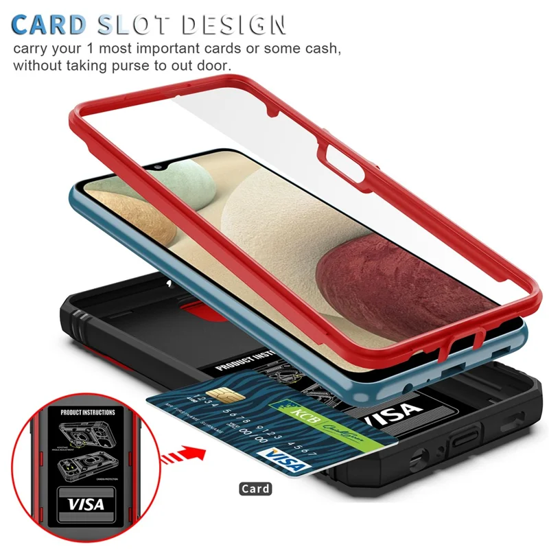 Shockproof PC + TPU Hybrid Kickstand Card Slot Phone Case Shell with Side Camera Cover for Samsung Galaxy A12 - Red/Black