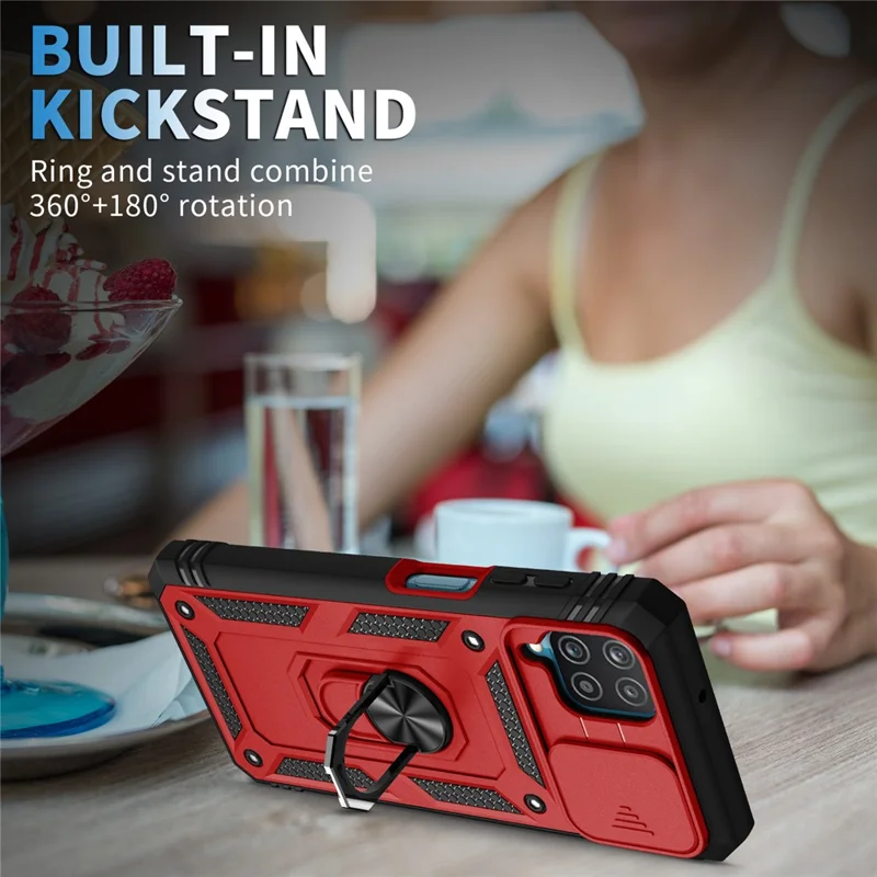 Shockproof PC + TPU Hybrid Kickstand Card Slot Phone Case Shell with Side Camera Cover for Samsung Galaxy A12 - Red/Black