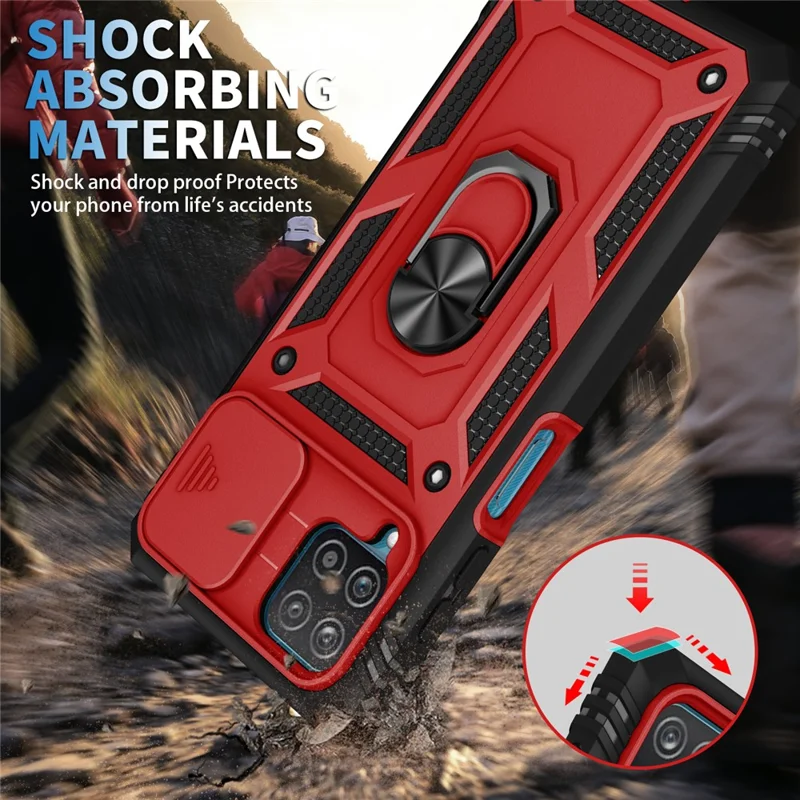 Shockproof PC + TPU Hybrid Kickstand Card Slot Phone Case Shell with Side Camera Cover for Samsung Galaxy A12 - Red/Black