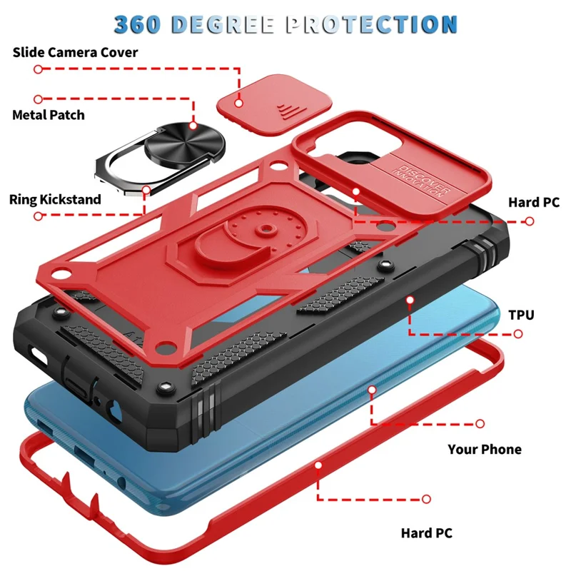 Shockproof PC + TPU Hybrid Kickstand Card Slot Phone Case Shell with Side Camera Cover for Samsung Galaxy A12 - Red/Black