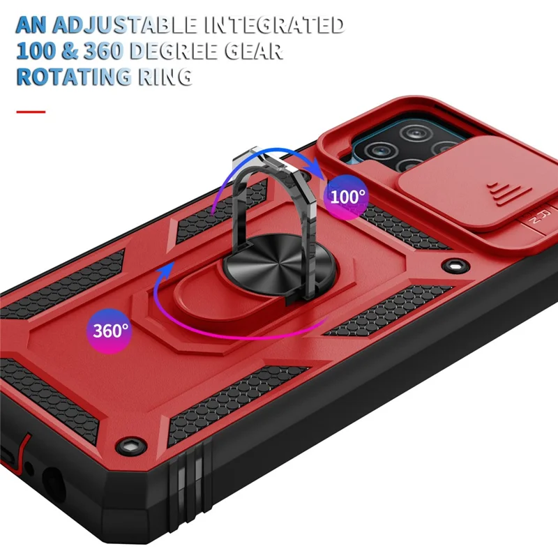 Shockproof PC + TPU Hybrid Kickstand Card Slot Phone Case Shell with Side Camera Cover for Samsung Galaxy A12 - Red/Black