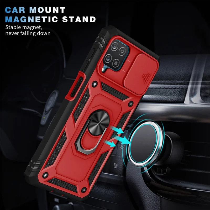 Shockproof PC + TPU Hybrid Kickstand Card Slot Phone Case Shell with Side Camera Cover for Samsung Galaxy A12 - Red/Black