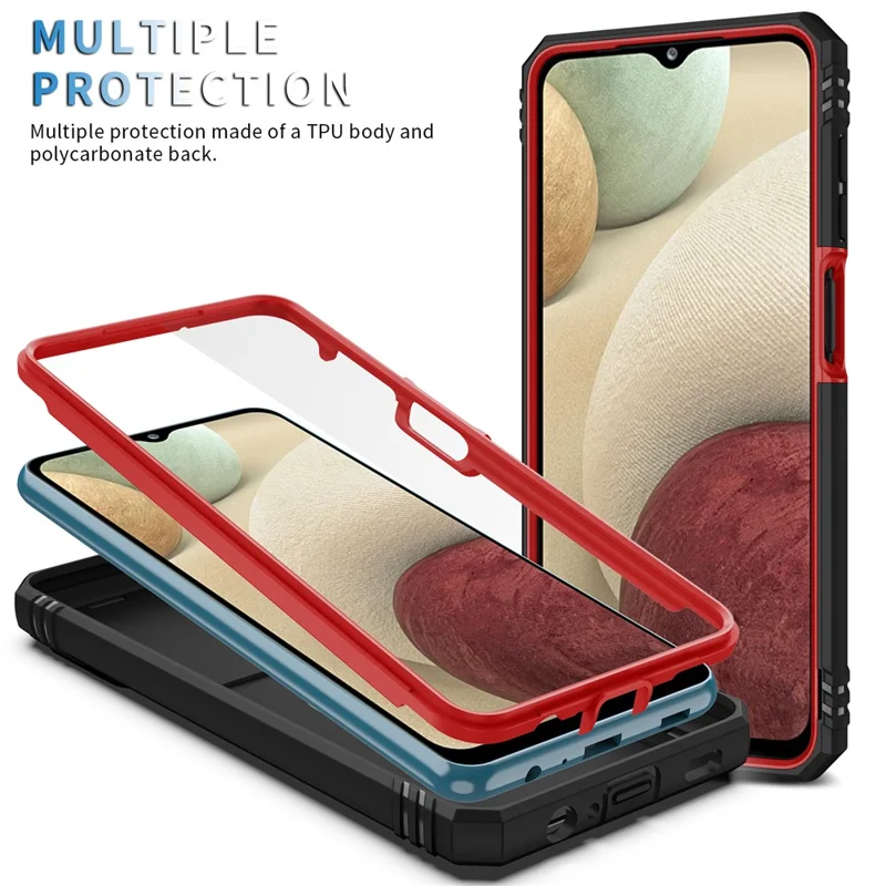 Shockproof PC + TPU Hybrid Kickstand Card Slot Phone Case Shell with Side Camera Cover for Samsung Galaxy A12 - Red/Black