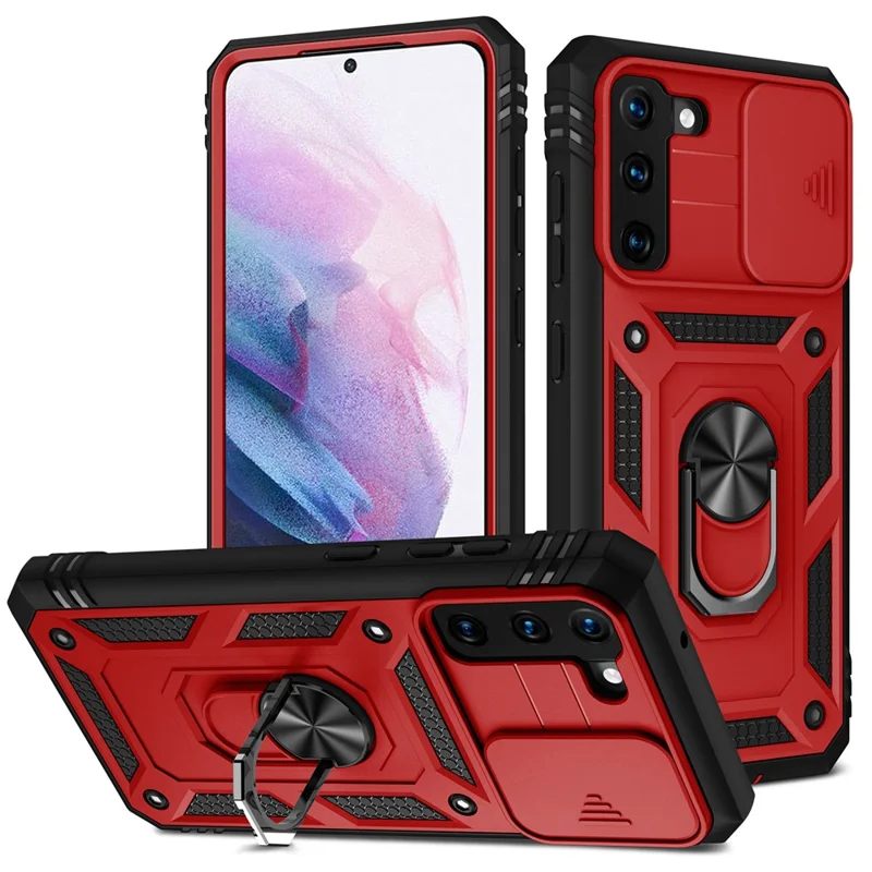 Kickstand 3-in-1 TPU Protection Cover Shockproof PC Shell with Camera Slider for Samsung Galaxy S21 5G/4G - Red/Black