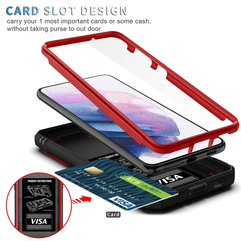 Kickstand 3-in-1 TPU Protection Cover Shockproof PC Shell with Camera Slider for Samsung Galaxy S21 5G/4G - Red/Black