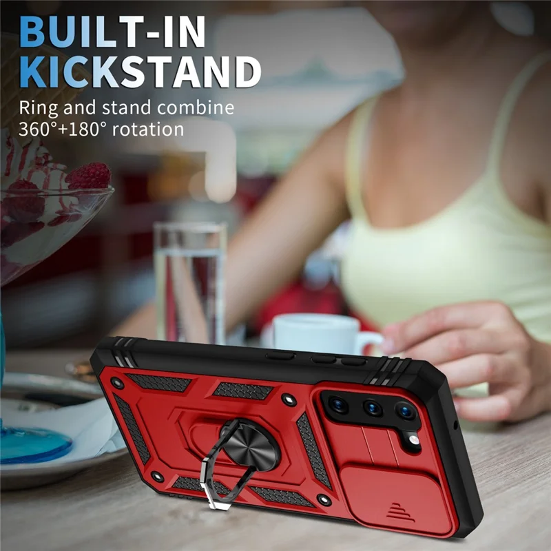 Kickstand 3-in-1 TPU Protection Cover Shockproof PC Shell with Camera Slider for Samsung Galaxy S21 5G/4G - Red/Black