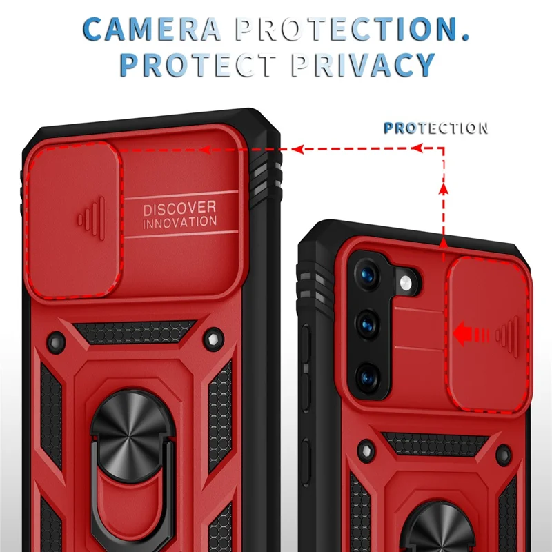 Kickstand 3-in-1 TPU Protection Cover Shockproof PC Shell with Camera Slider for Samsung Galaxy S21 5G/4G - Red/Black