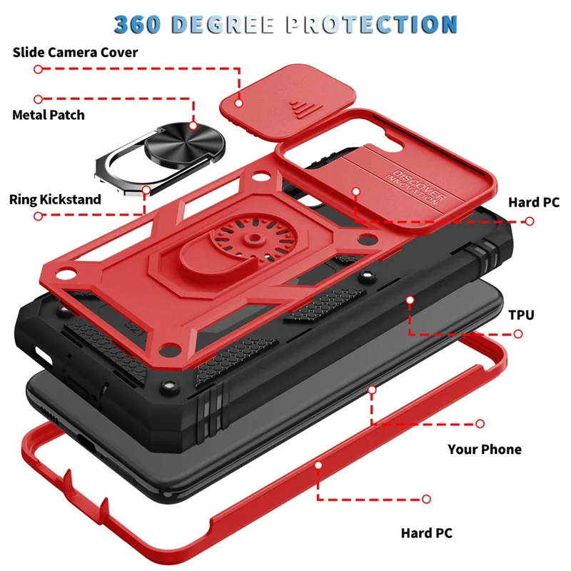 Kickstand 3-in-1 TPU Protection Cover Shockproof PC Shell with Camera Slider for Samsung Galaxy S21 5G/4G - Red/Black