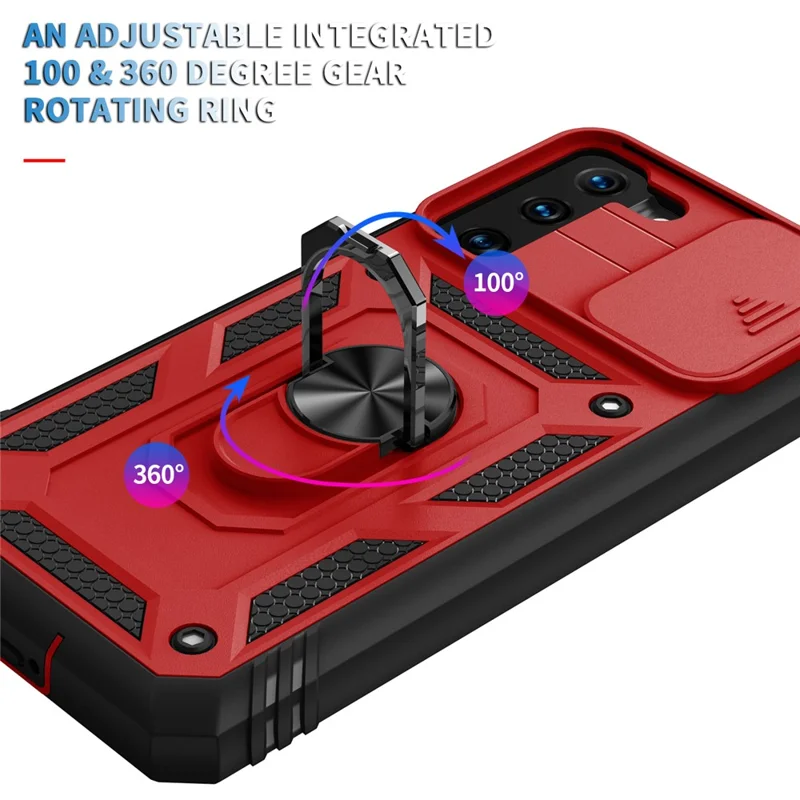 Kickstand 3-in-1 TPU Protection Cover Shockproof PC Shell with Camera Slider for Samsung Galaxy S21 5G/4G - Red/Black