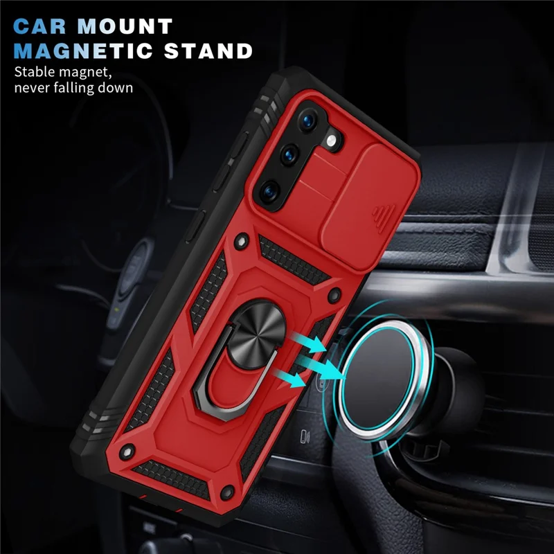 Kickstand 3-in-1 TPU Protection Cover Shockproof PC Shell with Camera Slider for Samsung Galaxy S21 5G/4G - Red/Black