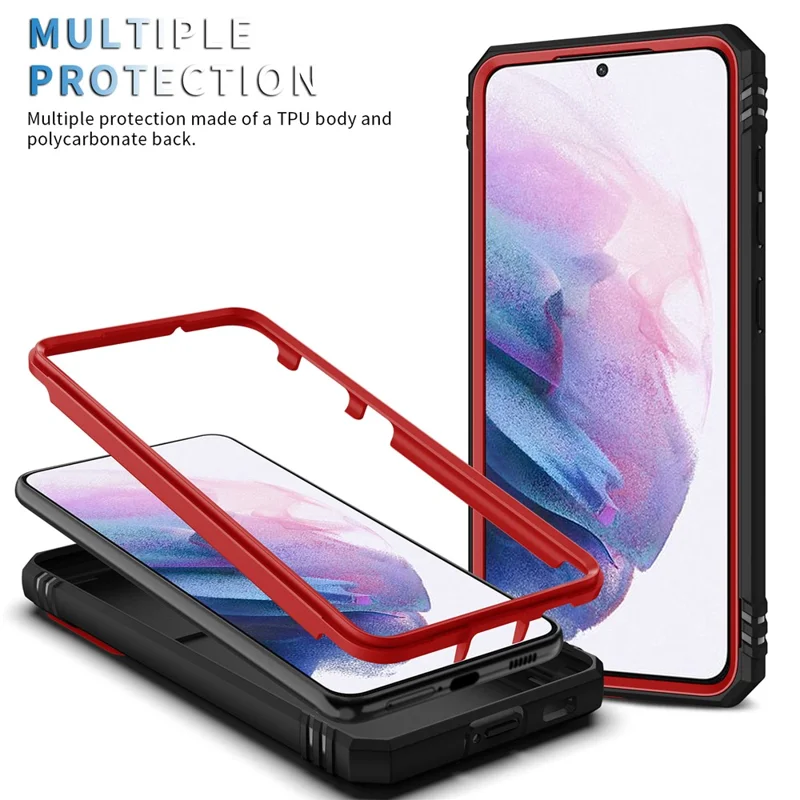 Kickstand 3-in-1 TPU Protection Cover Shockproof PC Shell with Camera Slider for Samsung Galaxy S21 5G/4G - Red/Black