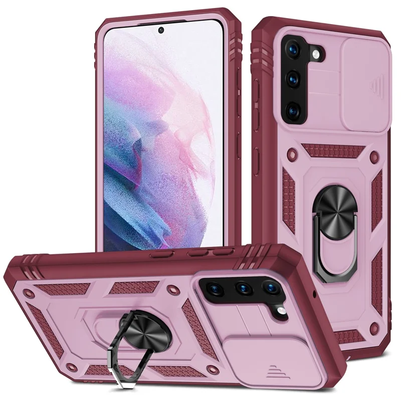 Kickstand 3-in-1 TPU Protection Cover Shockproof PC Shell with Camera Slider for Samsung Galaxy S21 5G/4G - Pink/Red