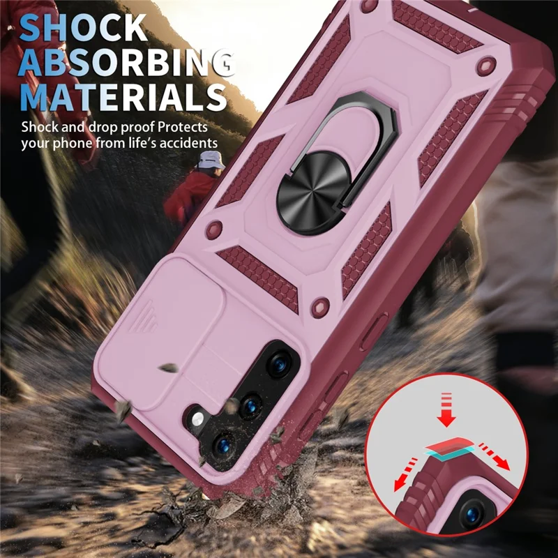 Kickstand 3-in-1 TPU Protection Cover Shockproof PC Shell with Camera Slider for Samsung Galaxy S21 5G/4G - Pink/Red