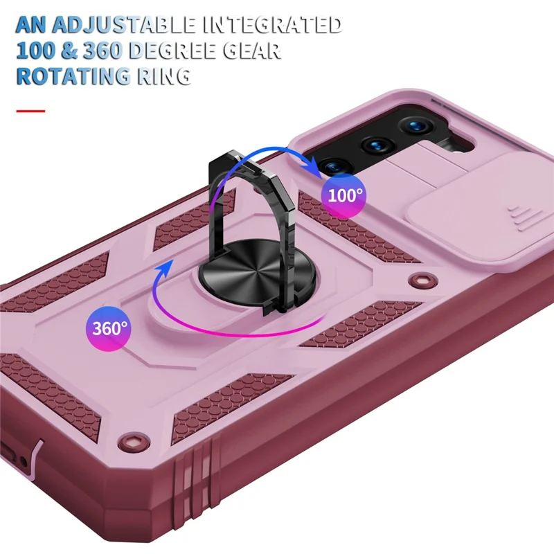 Kickstand 3-in-1 TPU Protection Cover Shockproof PC Shell with Camera Slider for Samsung Galaxy S21 5G/4G - Pink/Red