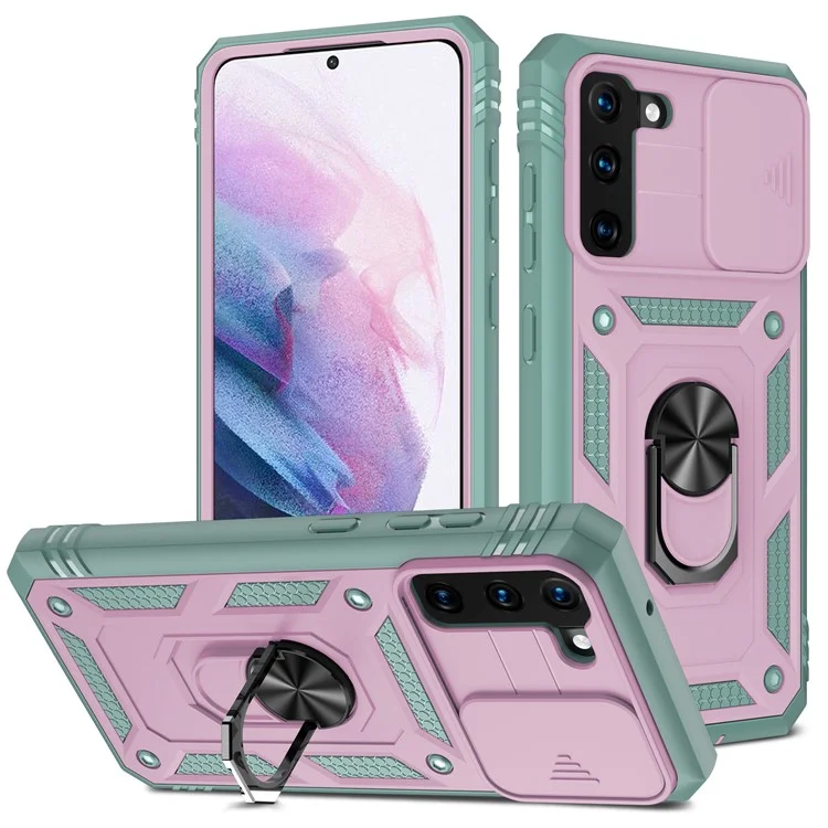 Kickstand 3-in-1-tpu-schutzabdeckung Schockdichte Pc-shell Mit Kamera-schieberegler Für Samsung Galaxy S21 5G/4G - Rosa/grün