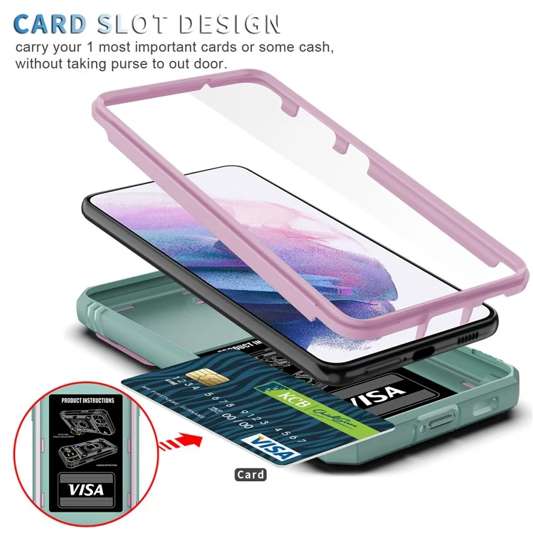 Kickstand 3-in-1 TPU Protection Cover Shockproof PC Shell with Camera Slider for Samsung Galaxy S21 5G/4G - Pink/Green