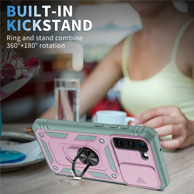 Kickstand 3-in-1 TPU Protection Cover Shockproof PC Shell with Camera Slider for Samsung Galaxy S21 5G/4G - Pink/Green