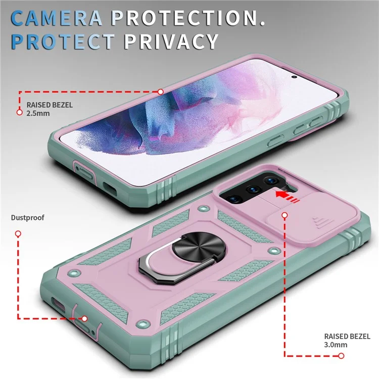 Kickstand 3-in-1 TPU Protection Cover Shockproof PC Shell with Camera Slider for Samsung Galaxy S21 5G/4G - Pink/Green