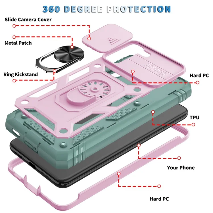 Kickstand 3-in-1 TPU Protection Cover Shockproof PC Shell with Camera Slider for Samsung Galaxy S21 5G/4G - Pink/Green