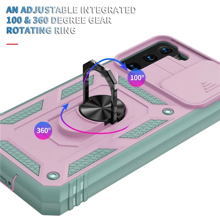 Kickstand 3-in-1-tpu-schutzabdeckung Schockdichte Pc-shell Mit Kamera-schieberegler Für Samsung Galaxy S21 5G/4G - Rosa/grün