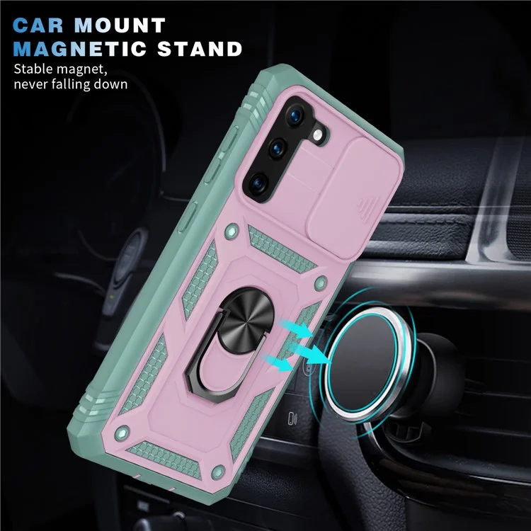 Kickstand 3-in-1 TPU Protection Cover Shockproof PC Shell with Camera Slider for Samsung Galaxy S21 5G/4G - Pink/Green