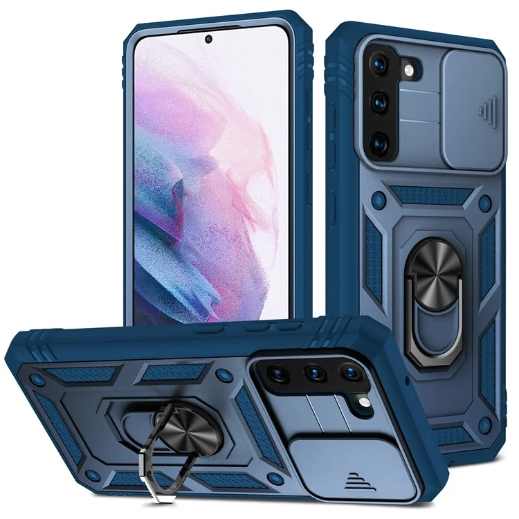 Kickstand 3-in-1-tpu-schutzabdeckung Schockdichte Pc-shell Mit Kamera-schieberegler Für Samsung Galaxy S21 5G/4G - Blau