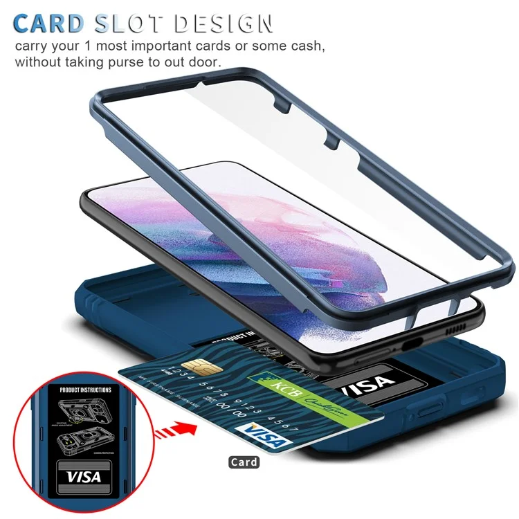 Kickstand 3-in-1 TPU Protection Cover Shockproof PC Shell with Camera Slider for Samsung Galaxy S21 5G/4G - Blue