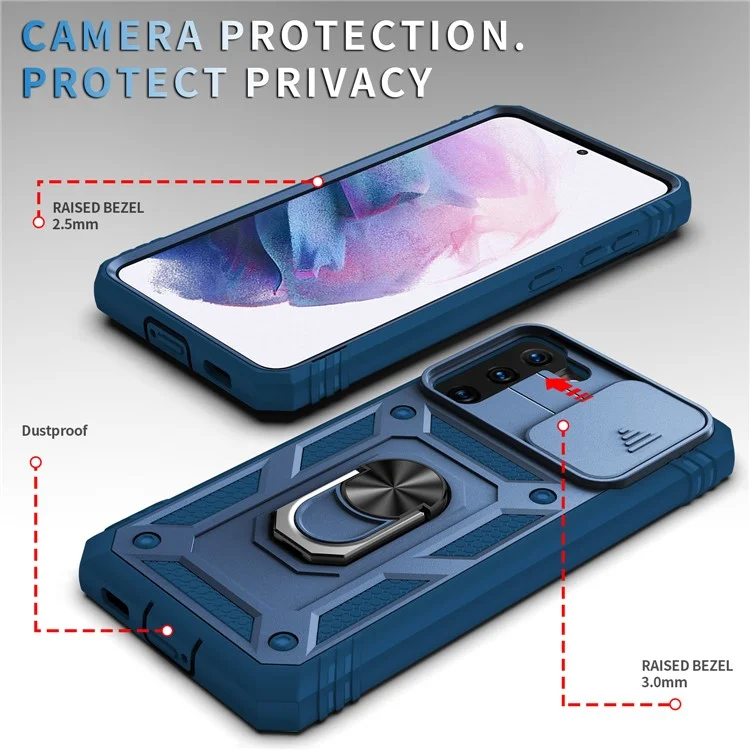 Kickstand 3-in-1 TPU Protection Cover Shockproof PC Shell with Camera Slider for Samsung Galaxy S21 5G/4G - Blue