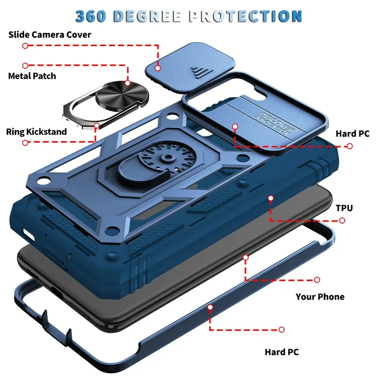 Kickstand 3-in-1 TPU Protection Cover Shockproof PC Shell with Camera Slider for Samsung Galaxy S21 5G/4G - Blue