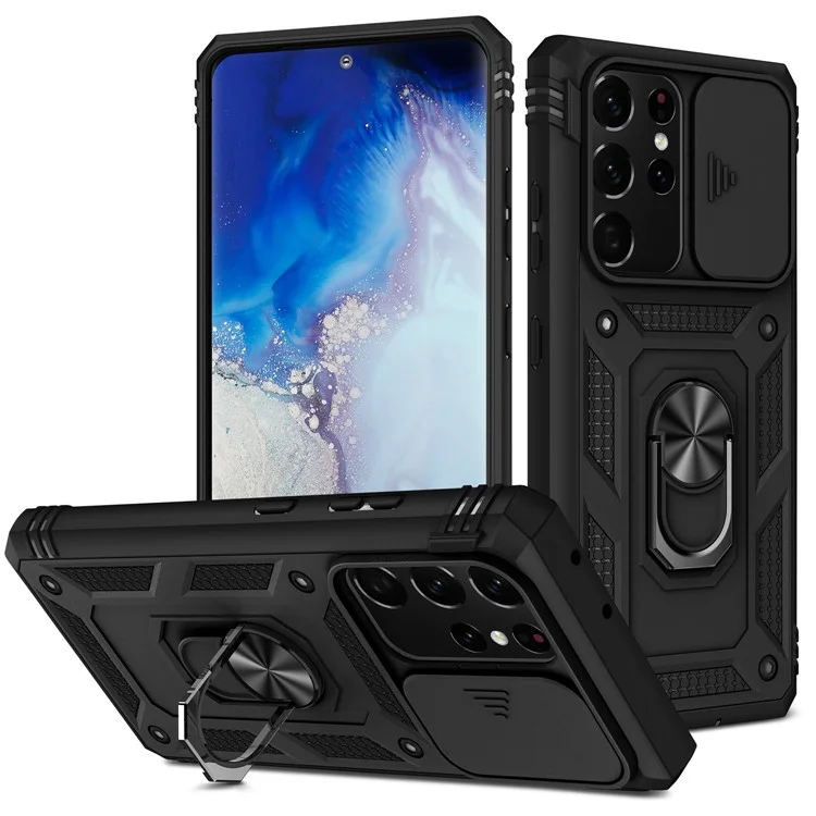 Conception de curseur de caméra Bouclier de protection en PC dur antichute et amortissant en TPU doux Coque de téléphone avec support métallique pour Samsung Galaxy S21 Ultra 5G - Noir