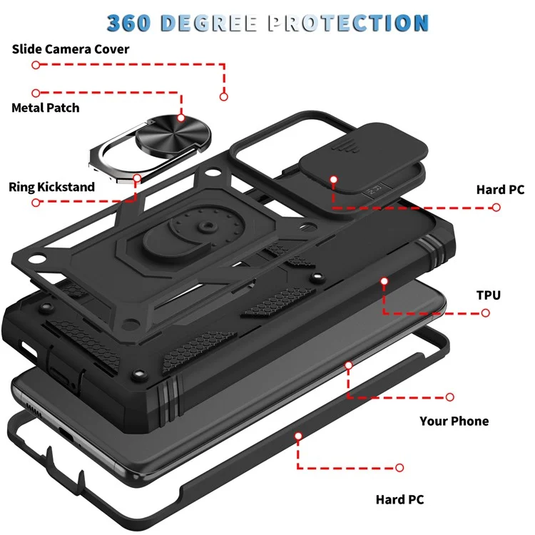 Conception de curseur de caméra Bouclier de protection en PC dur antichute et amortissant en TPU doux Coque de téléphone avec support métallique pour Samsung Galaxy S21 Ultra 5G - Noir