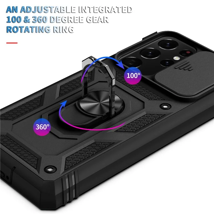 Conception de curseur de caméra Bouclier de protection en PC dur antichute et amortissant en TPU doux Coque de téléphone avec support métallique pour Samsung Galaxy S21 Ultra 5G - Noir