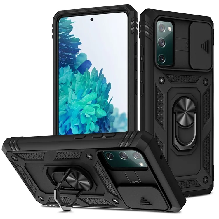 Diseño de Control Deslizante de Cámara 3-in-1 TPU + PC + Cubierta de Teléfono de Metal Para Samsung Galaxy S20 fe 2022/S20 fe 4G/S20 fe 5G/S20 Lite - Negro