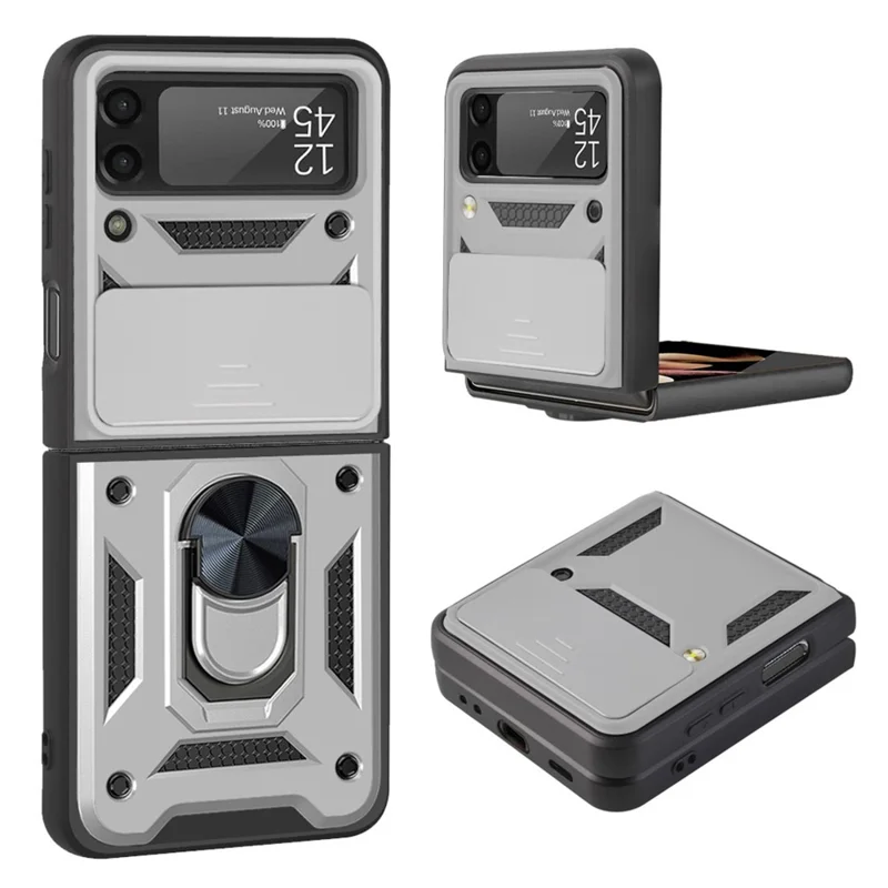 Camera Slide Cover Protective Phone Case Shell with Ring Holder Kickstand for Samsung Galaxy Z Flip3 5G - Silver
