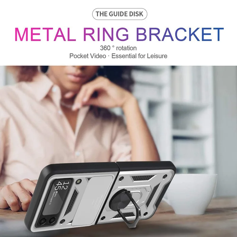 Camera Slide Cover Protective Phone Case Shell with Ring Holder Kickstand for Samsung Galaxy Z Flip3 5G - Silver